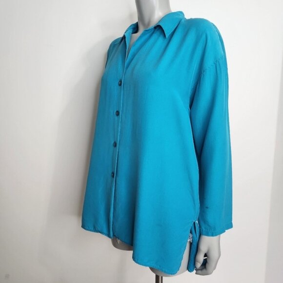 Vintage Expozay Blue Silk Button Down Shirt Size M - Picture 8 of 12